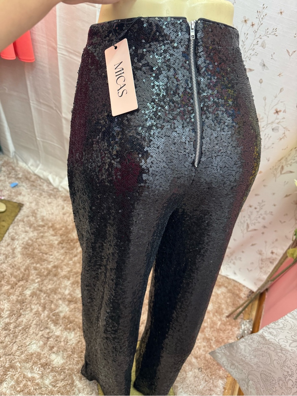 Sequin High-Waist Wide-Leg Pants - Black - Micas